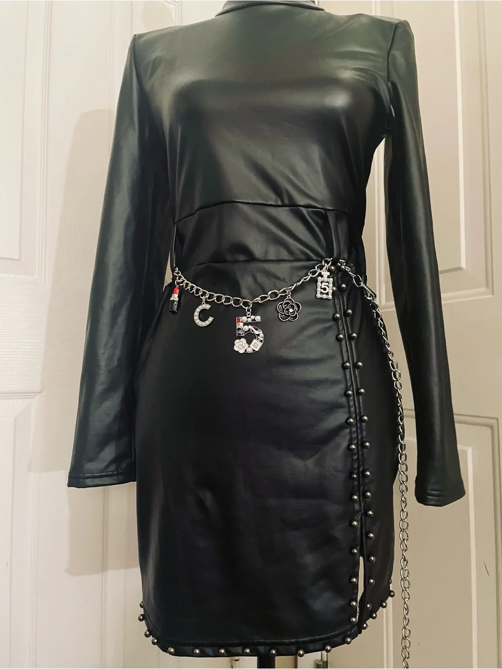 Black Crystal Charm Chain Belt for Women